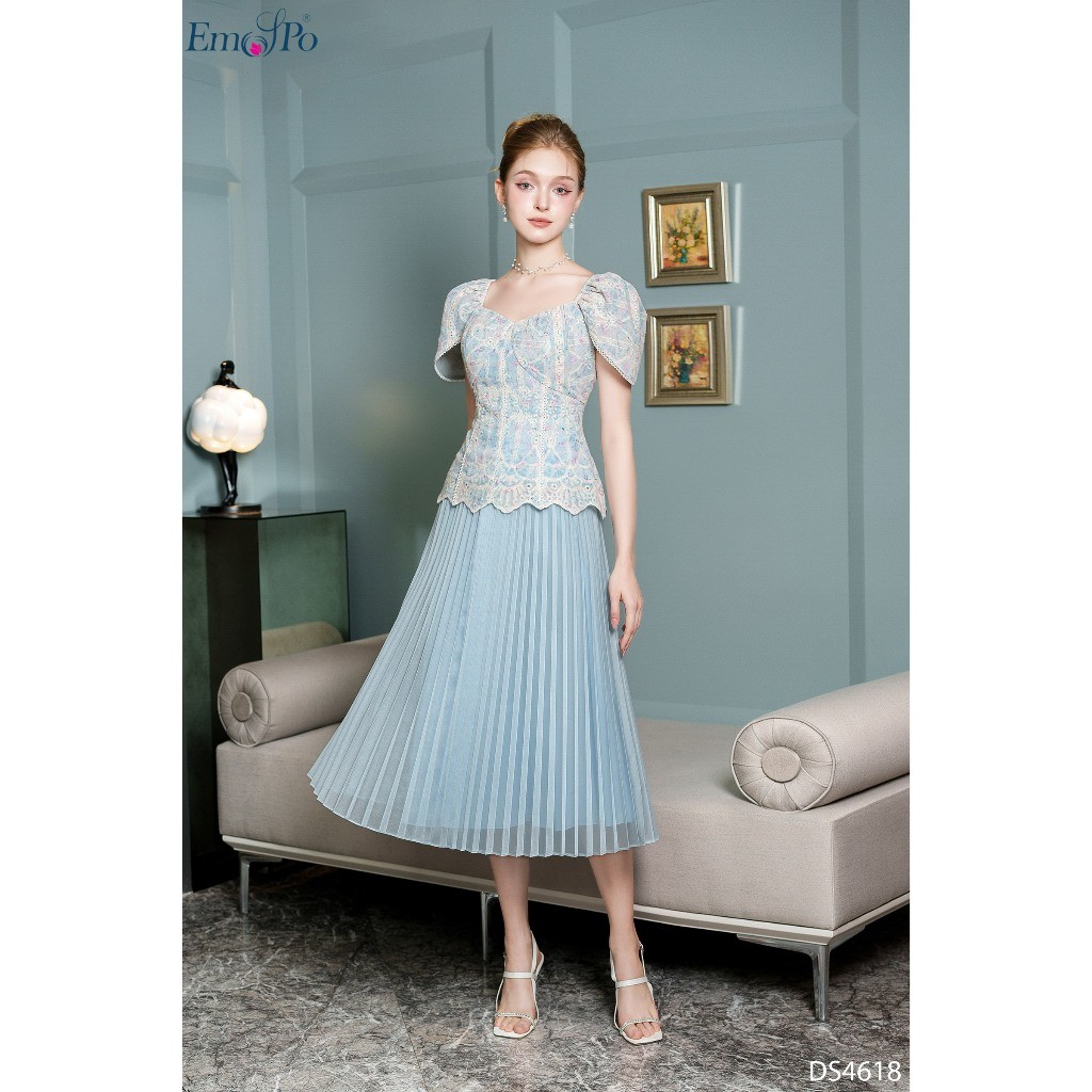 Đầm xòe nữ Emspo dáng peplum cổ vuông chân váy dập ly phối lưới DS4618