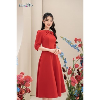 Đầm xòe cổ tròn phối cổ khoét đính nơ trai EMSPO DM4499