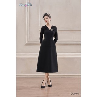 Đầm A cổ tim phối cotton hoa cài ngực EMSPO DL4491