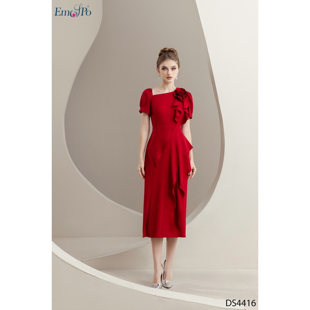 Đầm ôm cổ tim chéo hoa cuốn bèo rủ EMSPO DS4416