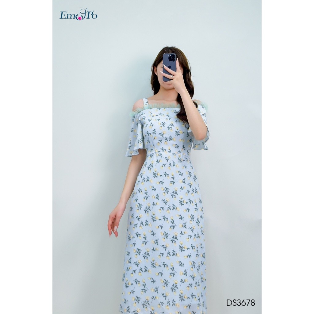Đầm hoa xoè trễ vai, phối ren lưới Emspo DS3678
