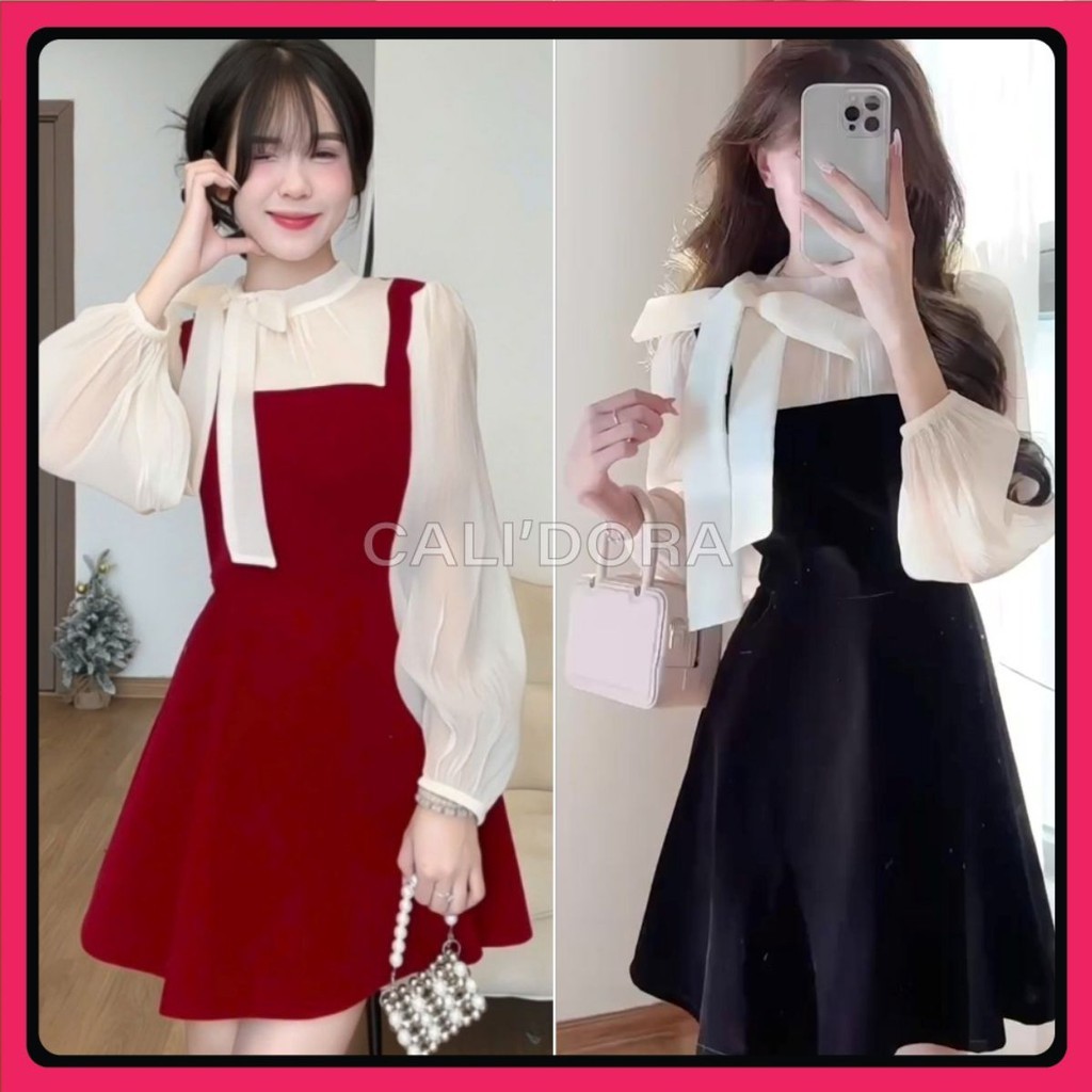  Váy Nhung LIORA Mix Tay Dài Bồng Tơ Voan Bồng Đính Nơ Lệch Cổ Tiểu Thư - V32 