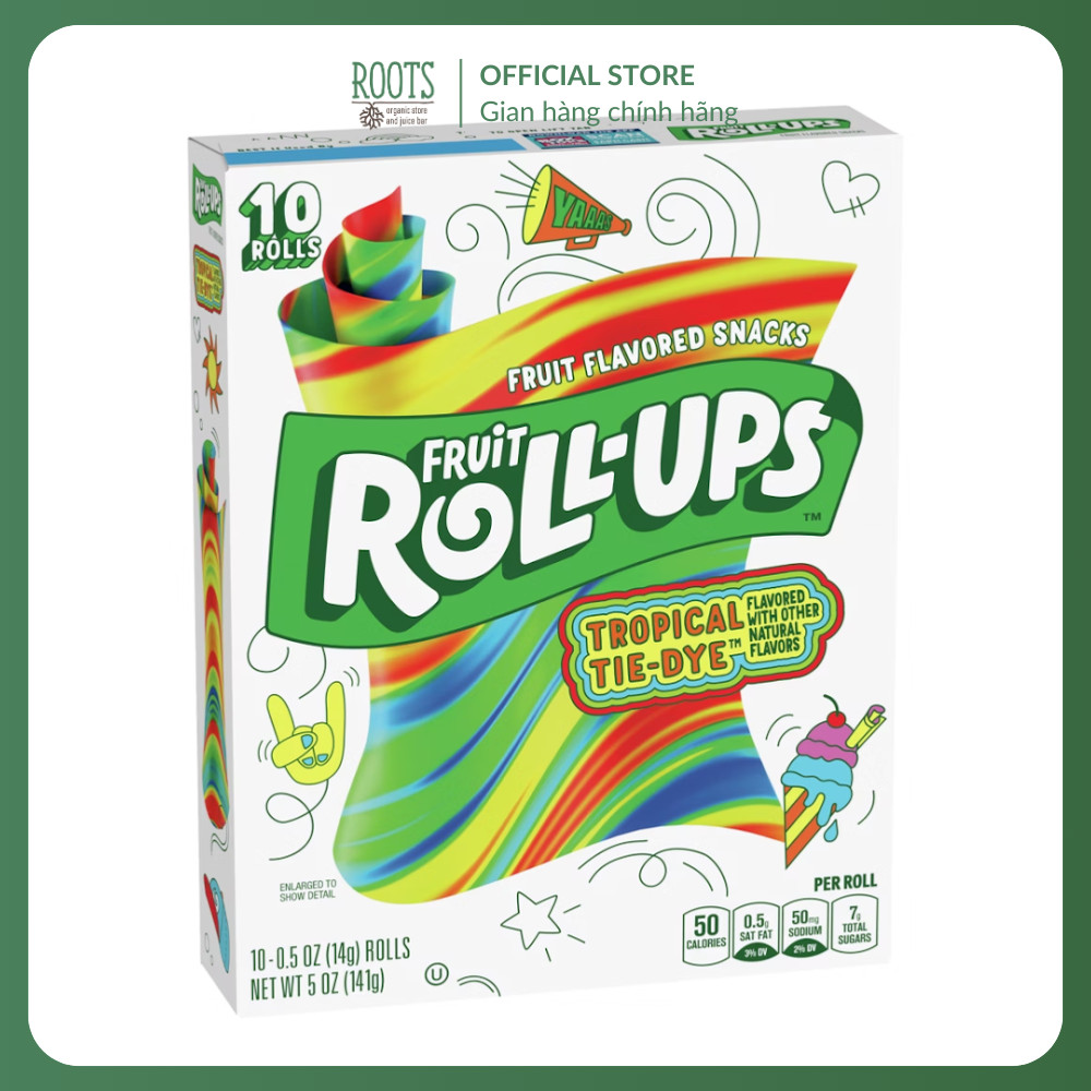 (Ship hỏa tốc) Kẹo Trái Cây Cuộn Vị Nhiệt Đới, Fruit Roll-Ups, Tropical Tie-Dye, 10 Cuộn, 5 oz (141g