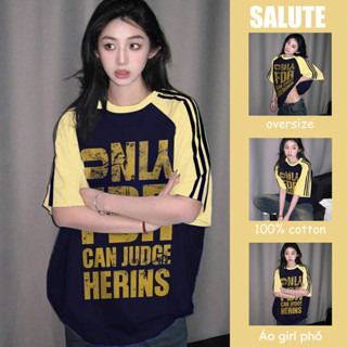 SALUTE Áo phông kiểu hàn quốc nữ xám ghi form rộng vintage 3 sọc Raglan áo thun in hình unisex ulzzang local brand Y1631