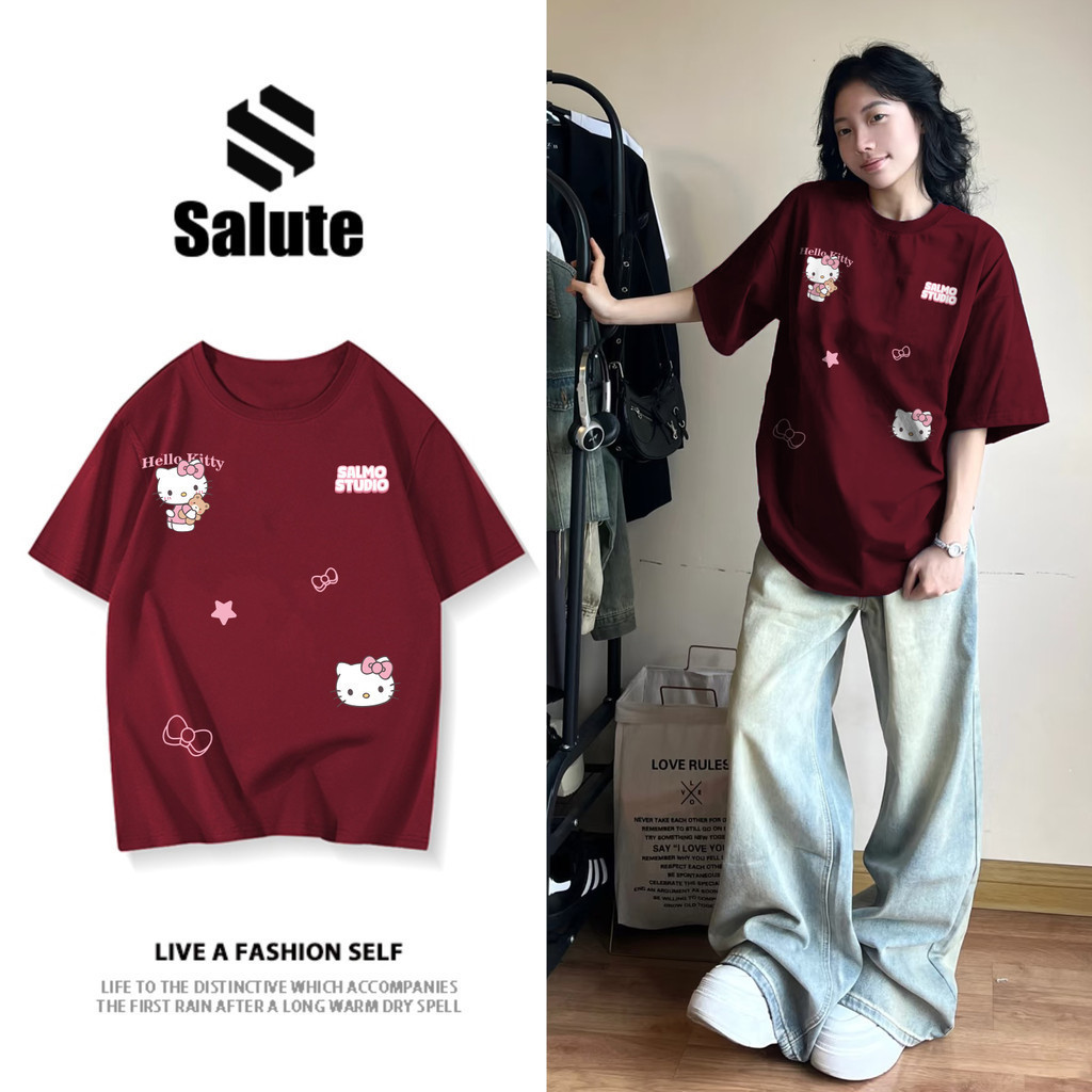 Áo thun tết nữ Đỏ mận form rộng cổ tròn Hello Kitty in hình cute SALUTE local brand | BigBuy360 - bigbuy360.vn