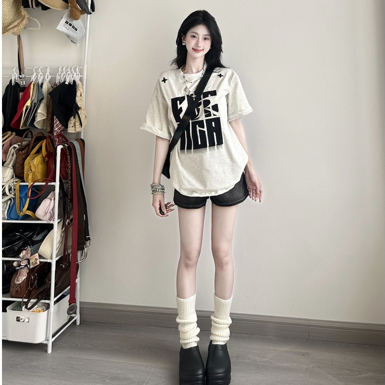 áo thun nữ form rộng xám tiêu fashion áo girl mùa hè áo phông salute | BigBuy360 - bigbuy360.vn