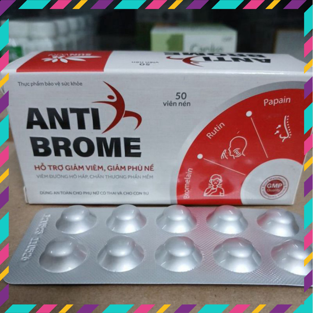 Anti Brome hộp 50 viên hỗ trợ giảm viêm tiêu sưng, dùng được cho phụ nữ có thai