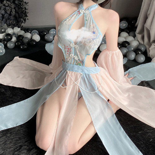 Váy yếm cổ trang voan xẻ tà thêu hoa xuyên thấu sexy gợi cảm nóng bỏng copslay trung quốc cho nữ | BigBuy360 - bigbuy360.vn
