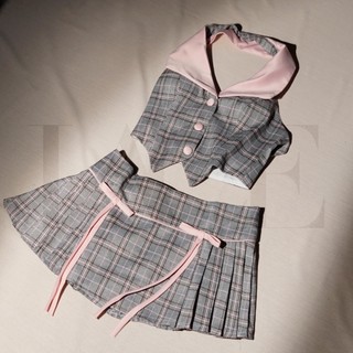 [Ưu đãi giới hạn] Set Đồ Thiết Kế Caro Nơ Xám Hồng LACE CARA Áo Kèm Váy Có Mút Cao Cấp Đủ Size