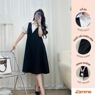 Váy bầu, đầm bầu tay bồng LIZ Dress thiết kế giả yếm thanh lịch, sang trọng tiểu thư chất liệu chéo hàn mềm mại L'amme