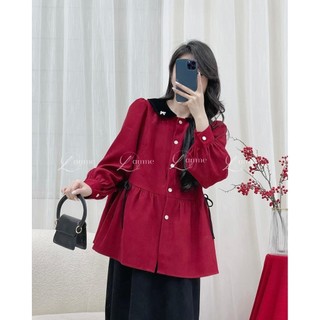 Áo Julia dáng babydoll trẻ trung phối nơ dài tay chất liệu nhung mềm mại phù hợp mẹ bầu đi chơi, đi làm BY L'AMME