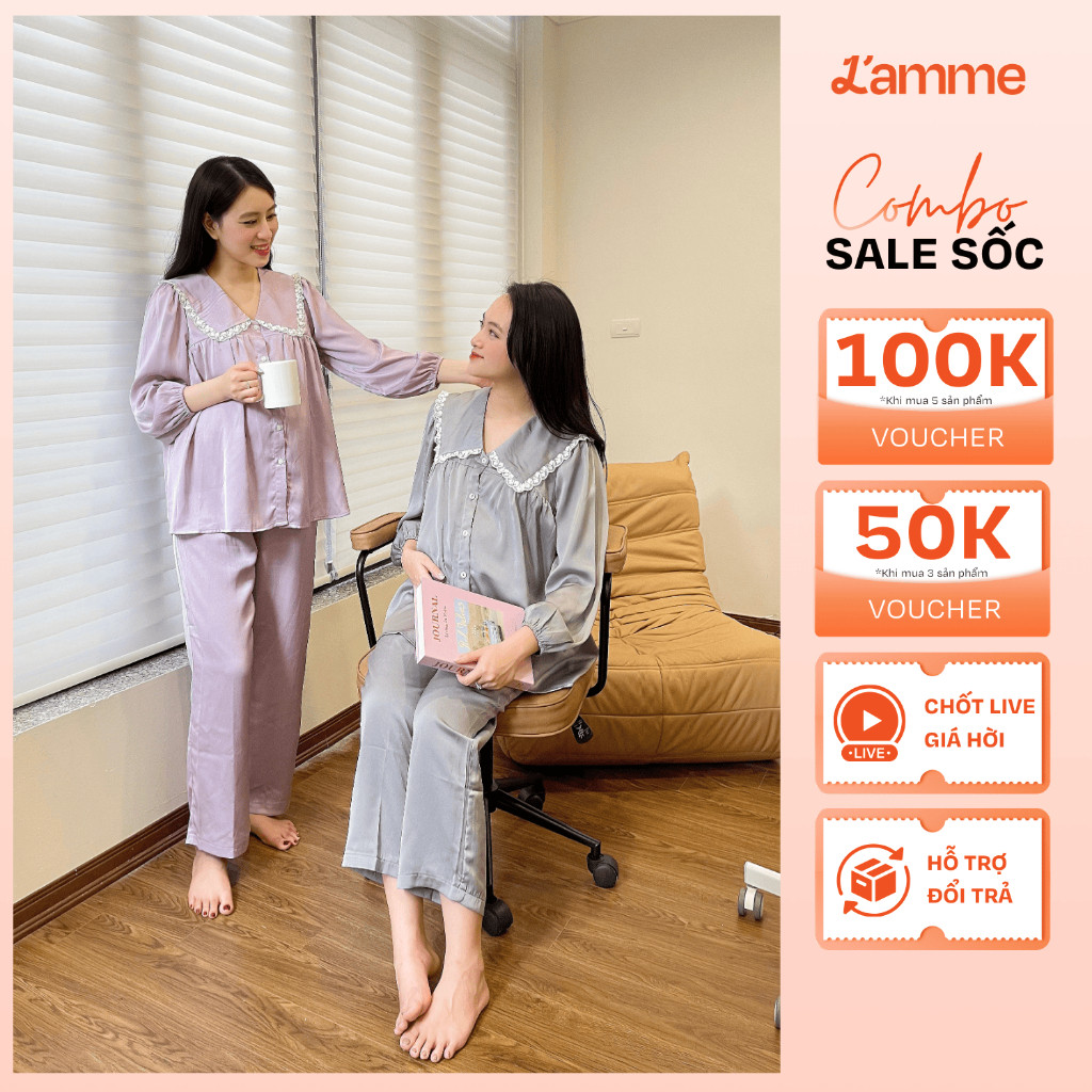  Bộ bầu mặc nhà  MIE  chất lụa ngọc trai tay dài thiết kế cổ sen phối ren điệu đà nữ tính by L'AMME 