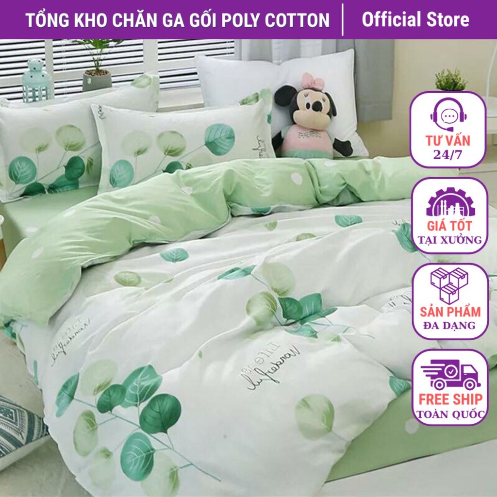 Bộ chăn ga gối lá xanh 4 món poly nhập