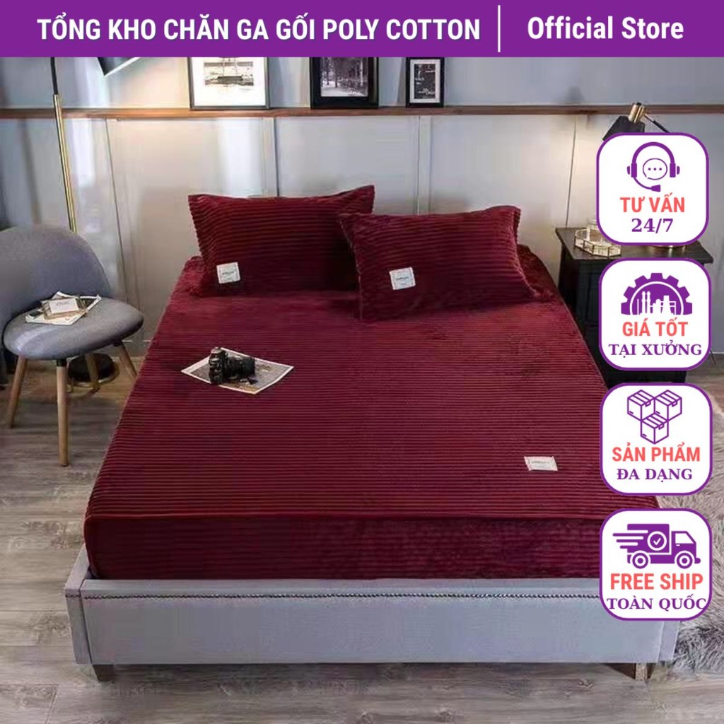 Combo bộ ga gối nhung tăm-đỏ mận