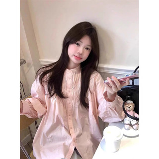   HÀNG SẴN - Áo sơ mi nữ cổ tròn tay dài màu hồng phong cách Hàn Quốc dáng rộng babydoll tiểu thư mới 2025 