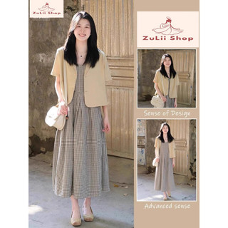   HÀNG SẴN - Set áo váy blazer cộc tay + váy hai dây kẻ sọc babydoll xòe dài đơn giản vintage Hàn Quốc 2025 