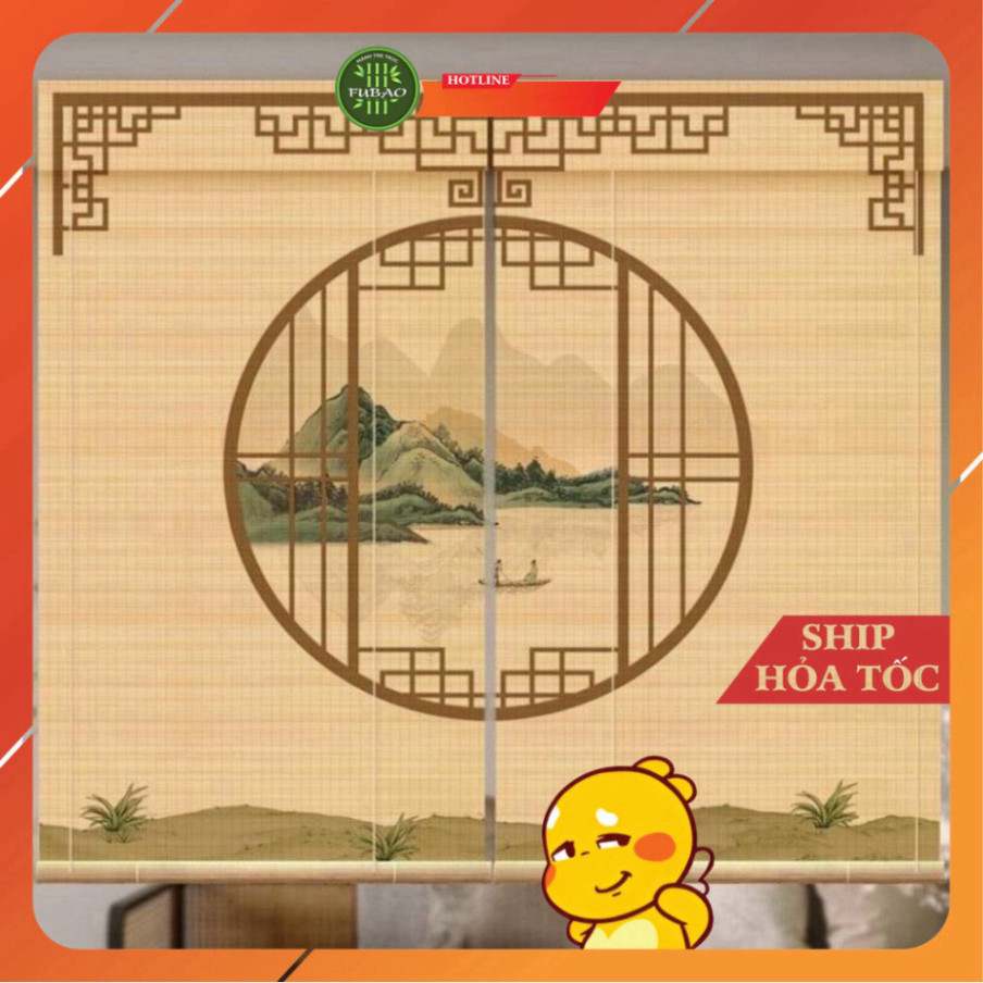 Mành tre trúc in tranh UV hình phong cảnh chim và hoa đào. Mành tre trúc trang trí decor cafe, spa.1