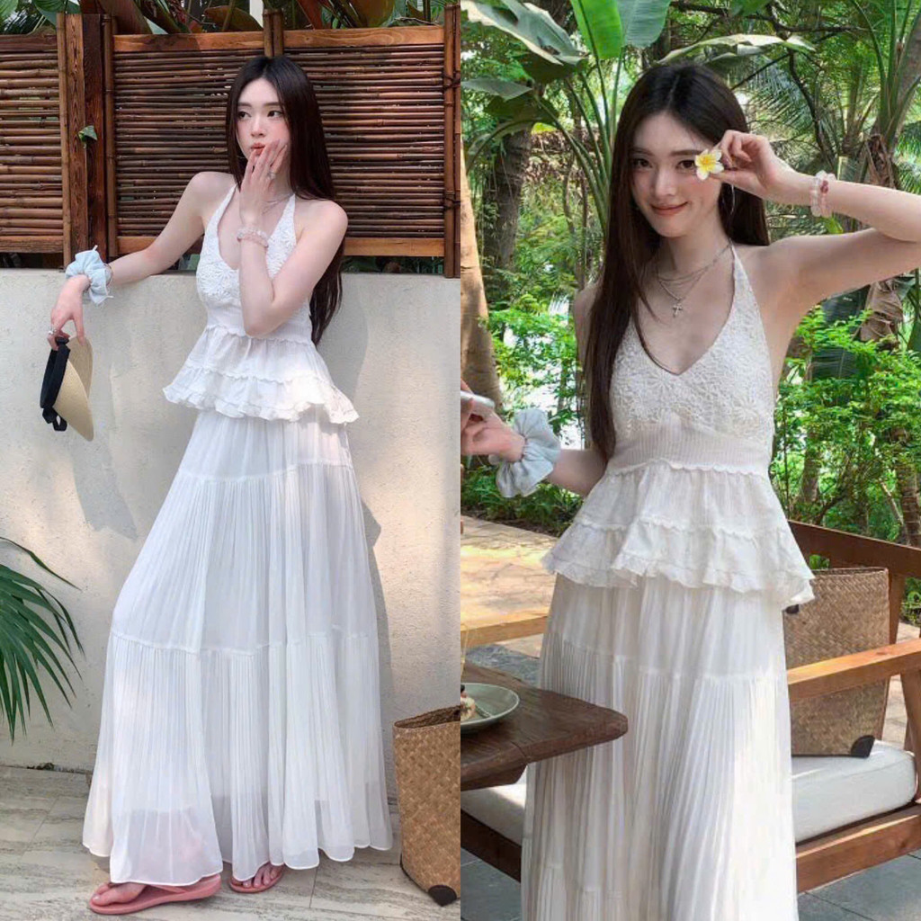 [Concept Nàng Thơ]: Set Áo Yếm Phối Thô In Nổi Vân Hoa Mai Mix Chân Váy Maxi Tơ Xốp Bồng Bềnh (Ảnh T