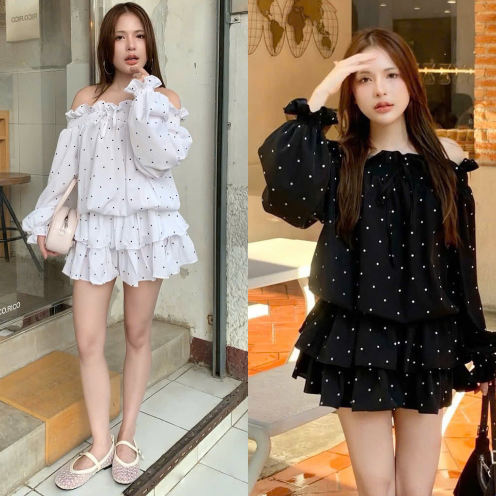 Váy Jum Trễ Vai Tay Dài Chun Ngực Chấm Bi 2 Màu Phối Chân Váy Bèo Tầng Có Lót Quần Bảo Hộ Xinh Xắn (