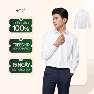 Áo Sơ Mi Nam Tay Dài Vải Lụa Trắng 4MEN SM163 Thêu 3 Sọc Ở Ngực Đẹp, Form Slimfit Trẻ Trung Đi Làm, Đi Tiệc