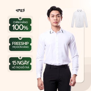 Áo Sơ Mi Nam Trắng Tay Dài Vải Lụa 4MEN SM160 Thêu 2 Sọc Lá Cổ Đẹp Trẻ Trung Tinh Tế, Form Slimfit Tôn Dáng