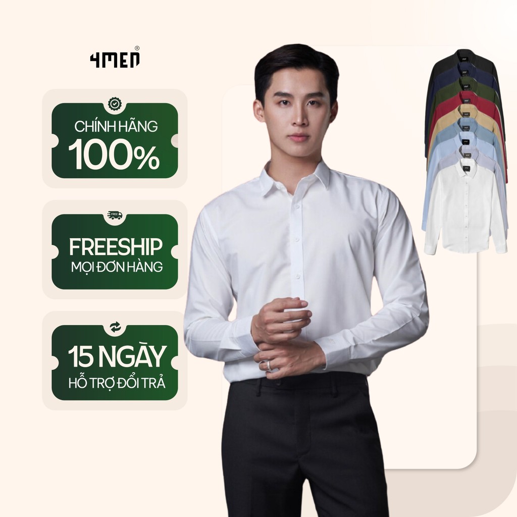 Áo sơ mi nam tay dài trơn đẹp 4MEN SM088 lụa chéo hạn chế nhăn, mềm mịn, form tailored rộng công sở trẻ trung, giá rẻ