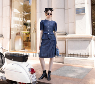 Set áo váy xanh jean đậm NGADO , váy nữ , set đồ nữ , Set áo nữ thiết kế kèm chân váy