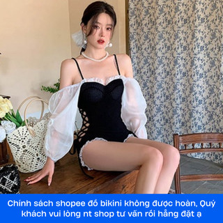  Bikini 1 mảnh đi biển LUHAZO liền thân 2 dây trễ vai sexy tay dài đan eo cá tính kiểu Hàn Quốc 720 TK4 