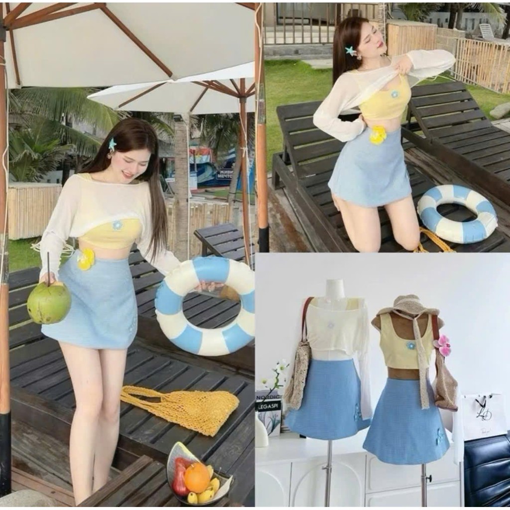 Đầm váy hoa đi biển - Sét váy 3 món đi biển, áo bra 2s kèm bông phối áo ngoài thun giấy lệch vai crt