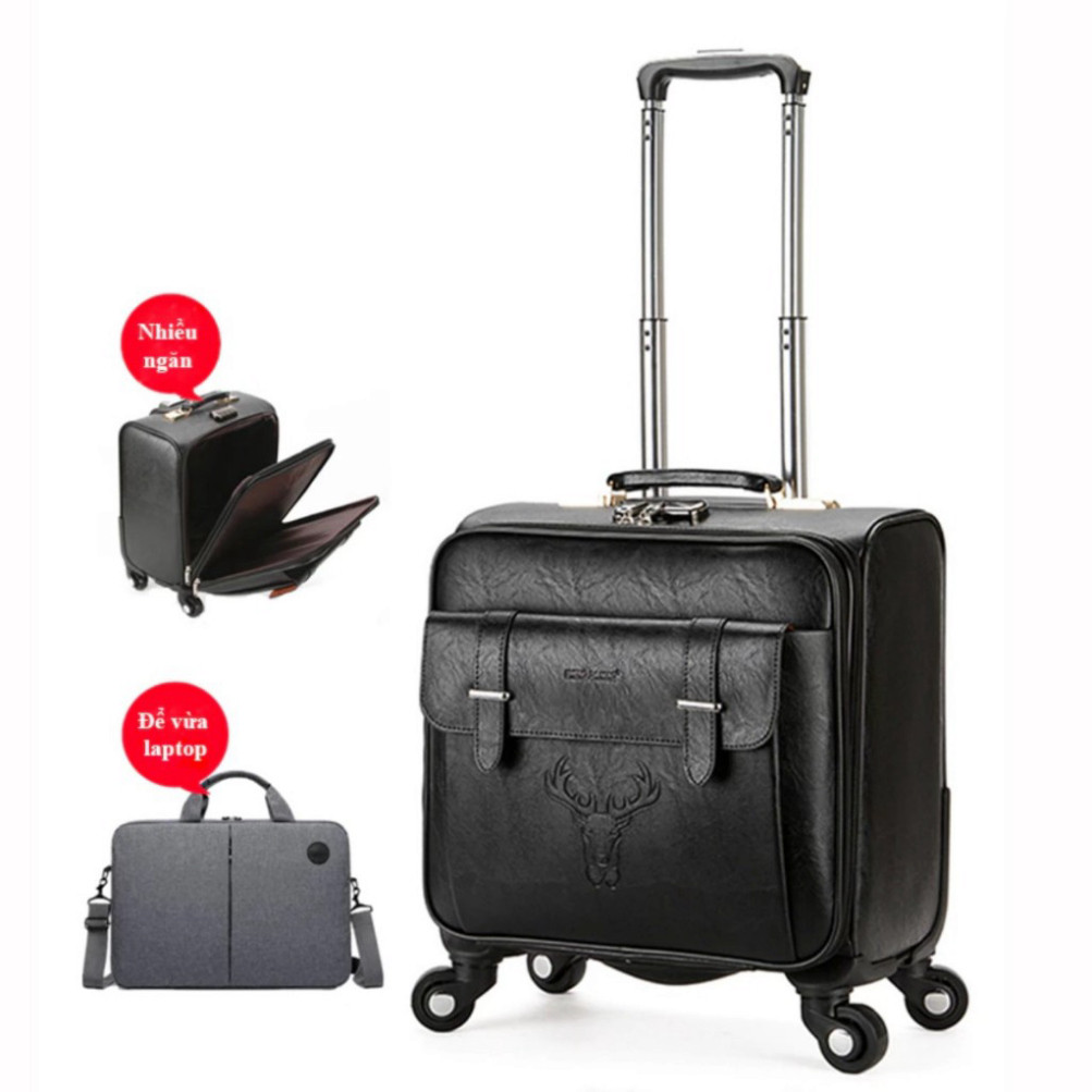 vali da Vali kéo doanh nhân cao cấp da Pu nâu/ đen size 18 inch- Vali kéo du lịch 18 inch