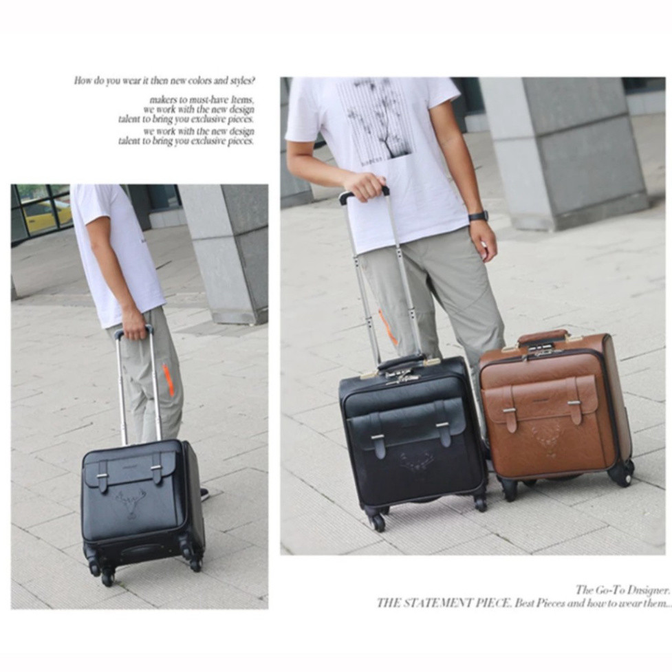 vali da Vali kéo doanh nhân cao cấp da Pu nâu/ đen size 18 inch- Vali kéo du lịch 18 inch