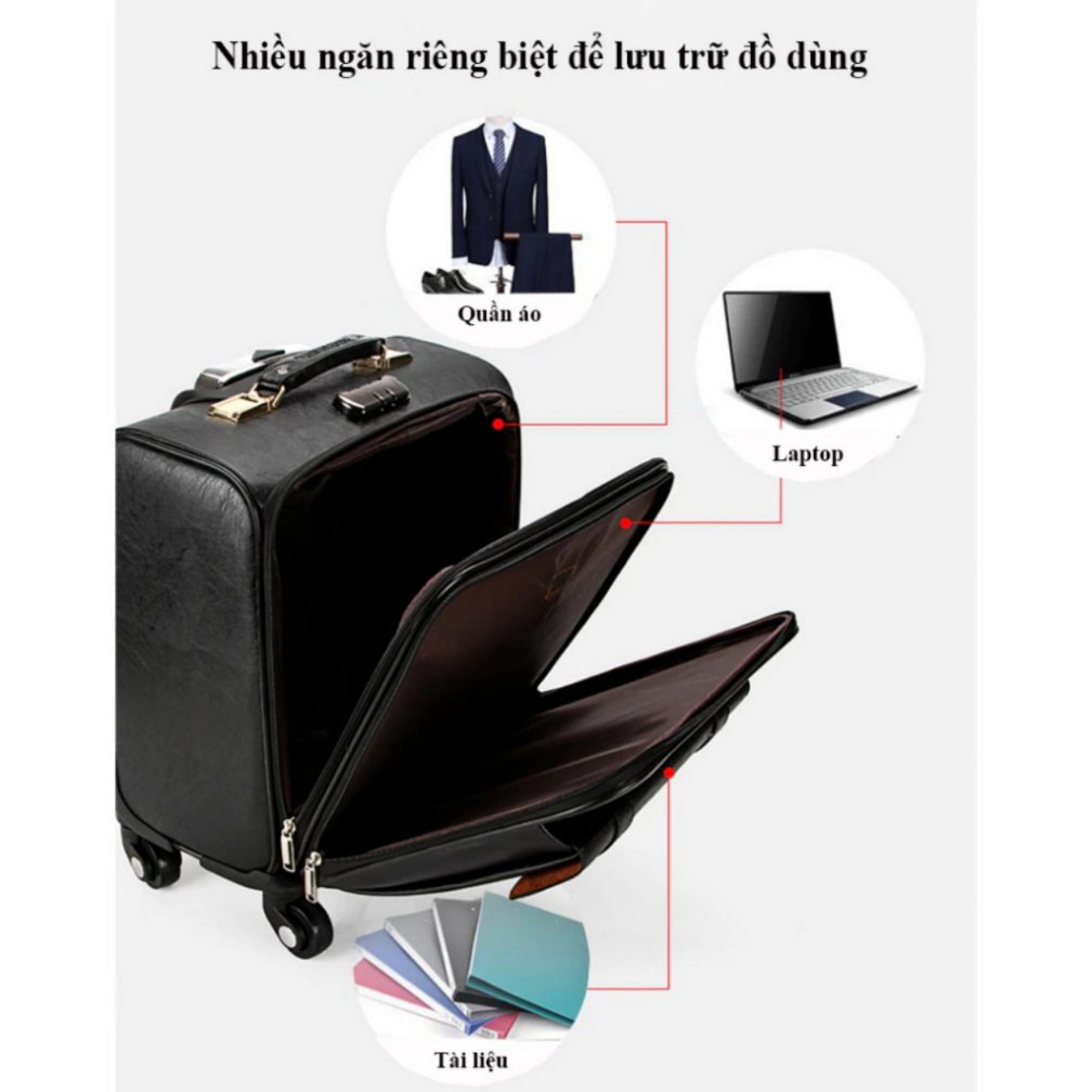 vali da Vali kéo doanh nhân cao cấp da Pu nâu/ đen size 18 inch- Vali kéo du lịch 18 inch