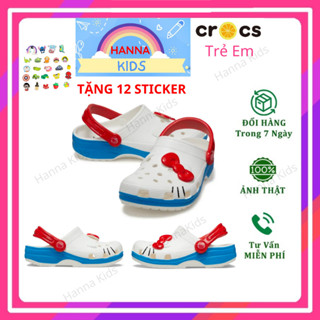  Dép Cross Hello Kitty cho bé gái trẻ em màu Trắng đế xanh HannaKids Sục Cros Charm Mèo 3D giày xục Croc Classic ClogKid 