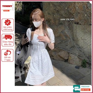 Đầm babydoll xanh Yummy cổ vuông dập nổi thiết kế, Đầm chữ A dáng ngắn tay phồng nhẹ nhàng, D90