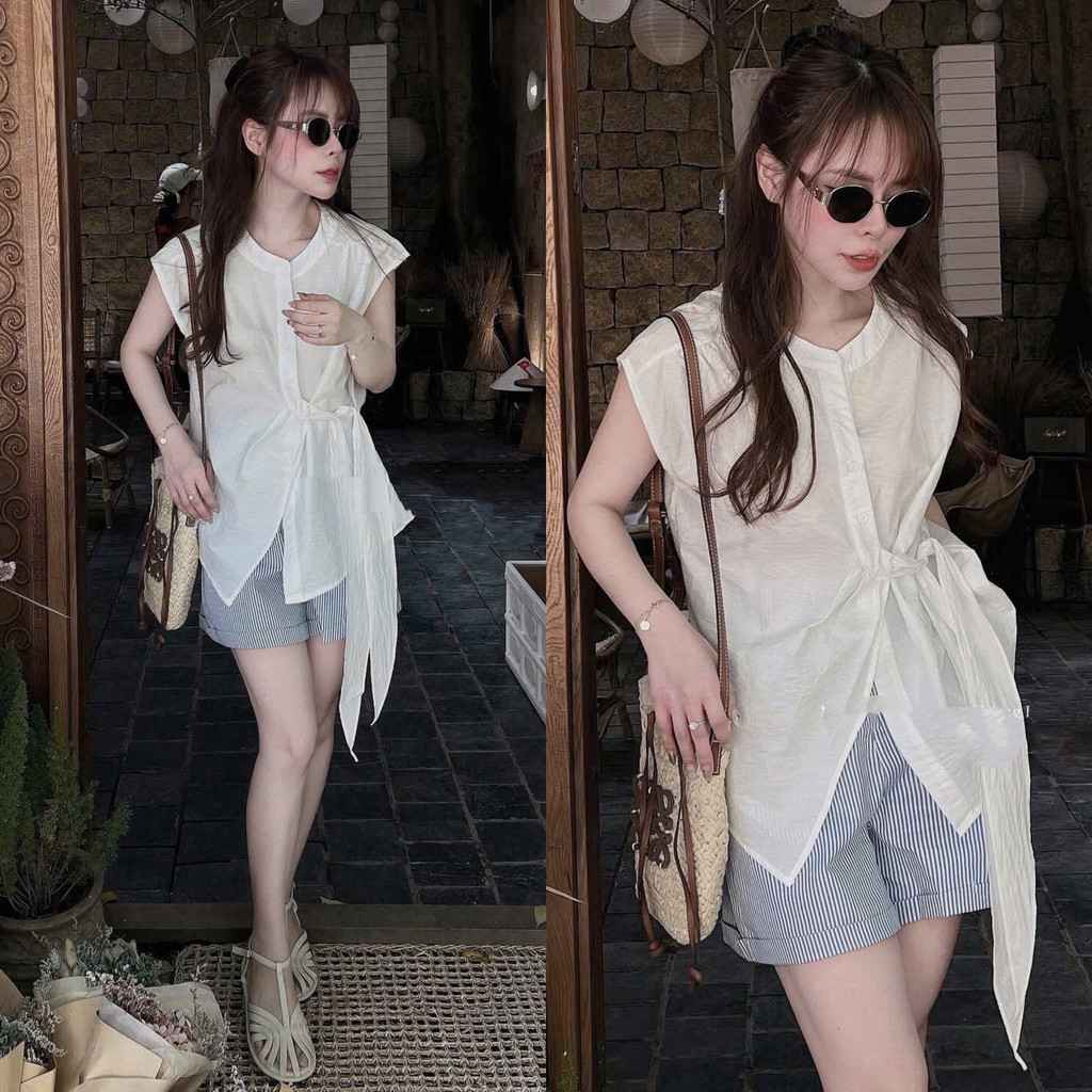 Set Áo Sơ Mi Đũi Tay Hến Cổ Tàu Buộc Nơ Eo Mix Quần Sooc Xanh Kẻ Sọc Cá Tính (Ảnh Thật Thật Trải Sàn