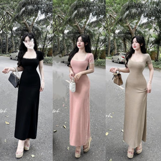 Đầm Body Nữ Tay Ngắn  Cổ Vuông Dáng Dài Basic NOBICO D138, Váy Nữ Thiết Kế Phong Cách Hàn Quốc