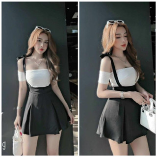  Váy Body Nữ Tay Trễ Vai Mix Chân Váy Yếm Bánh Bèo Đầm Nữ Dáng Ngắn Năng Động Co Dãn D109 LONACO 