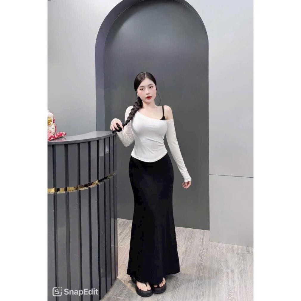Set Áo Dài Tay Lệch Vai Kèm Đầm Hai Dây LONACO D149 Đầm Body Cổ Vuông Dáng Dài Maxi Ôm Body Sexy | BigBuy360 - bigbuy360.vn