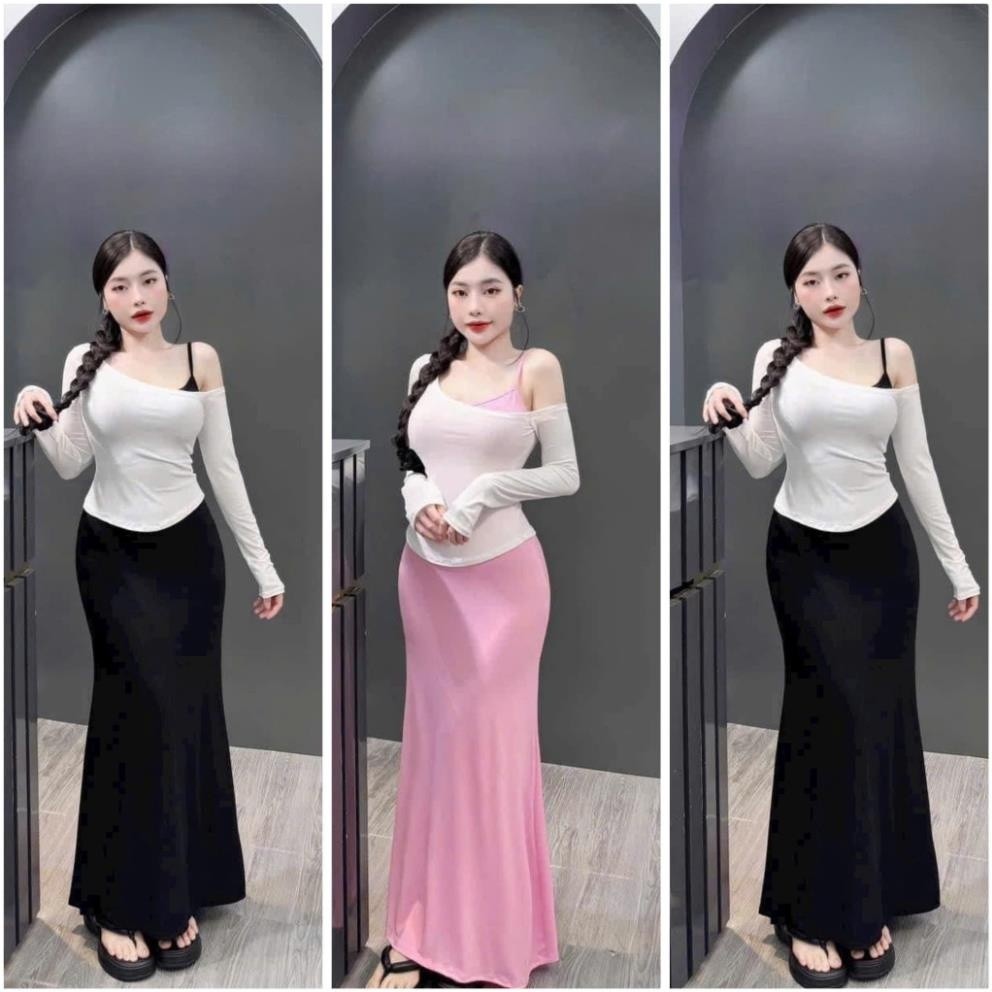 Set Áo Dài Tay Lệch Vai Kèm Đầm Hai Dây LONACO D149 Đầm Body Cổ Vuông Dáng Dài Maxi Ôm Body Sexy | BigBuy360 - bigbuy360.vn