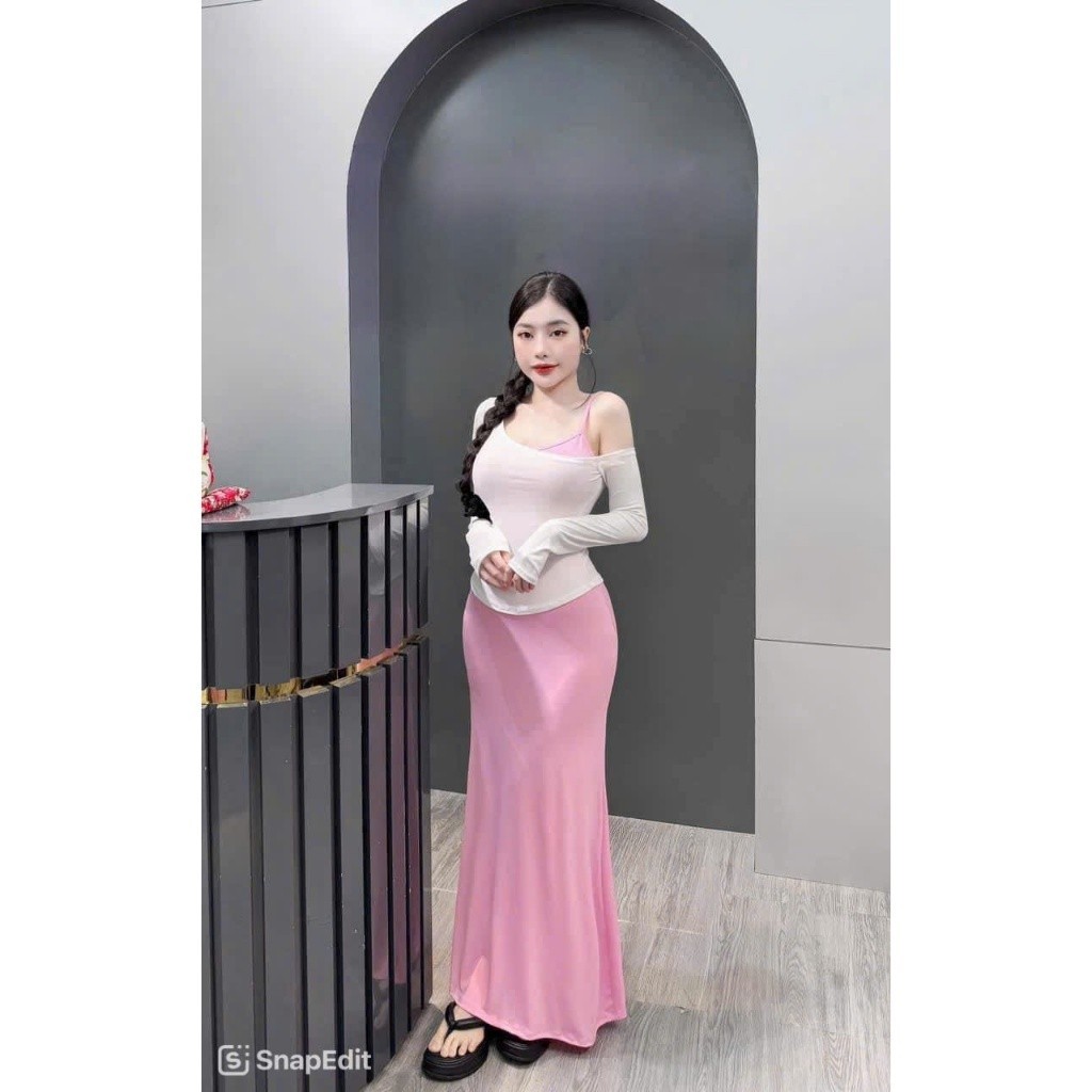Set Áo Dài Tay Lệch Vai Kèm Đầm Hai Dây LONACO D149 Đầm Body Cổ Vuông Dáng Dài Maxi Ôm Body Sexy | BigBuy360 - bigbuy360.vn