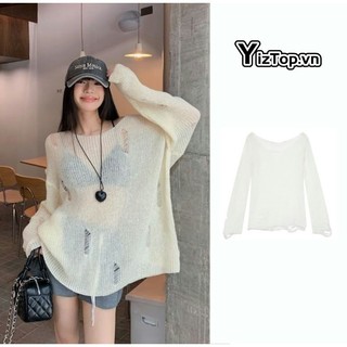  Yiztop Áo Sweater Dệt Kim Tay Dài Chống Nắng Dáng Rộng Thiết Kế Rách Thời Trang Mùa Thu Cho Nữ 