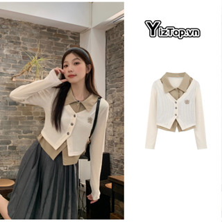 YizTop Áo Sơ Mi Nữ Kiểu Giả Hai Lớp Tay Dài Vải Xoa Kẻ Sọc Phối Nỉ Tăm Cá Tính