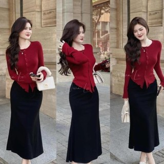 Đầm Body Nữ Mix Chân Váy Dài Suông,Váy Nữ Cổ Tròn Tay Dài Thanh Lịch  Ôm Body Sang Trọng PILYCO D104