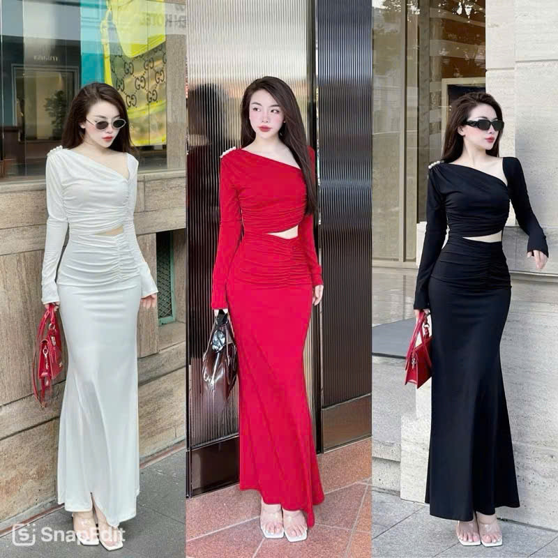 Váy Body Nữ Dáng Dài KANOMY D162, Đầm Body Nữ Khoét Eo Trễ Vai Thiết Kế Gợi Cảm