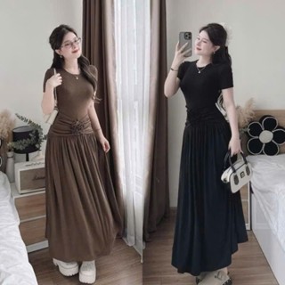 Đầm Nữ Body Dáng Dài Ngắn Tay KANOMY D184, Váy Nữ Cổ Tròn Phối Hoa Đi Chơi Dự Tiệc Phong Cách Trẻ Trung Sang Trọng