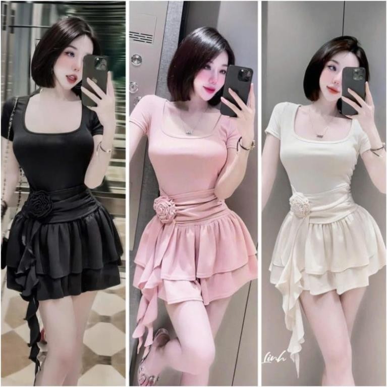 Váy Body Nữ Dáng Ngắn KANOMY D161, Đầm Body Nữ Tay Ngắn Cổ Vuông Dáng Váy Xòe Đính Hoa Kèm Quần