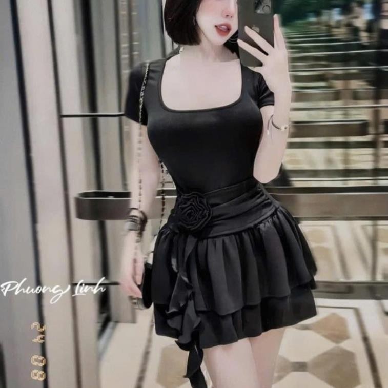 Váy Body Nữ Dáng Ngắn KANOMY D161, Đầm Body Nữ Tay Ngắn Cổ Vuông Dáng Váy Xòe Đính Hoa Kèm Quần | BigBuy360 - bigbuy360.vn