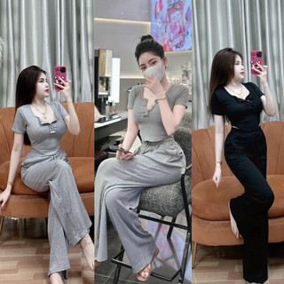 Đầm Body Nữ Tay Ngắn Mix Quần Ống Suông Dài, Váy Nữ Cổ Vuông Khuy Cài Thiết Kế Năng Động Basic YUMMY D118