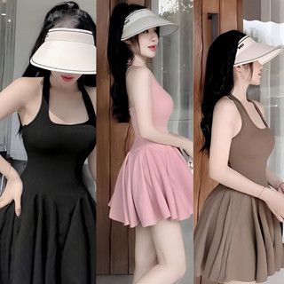 Váy Đầm Nữ Cổ Choàng Sang Chảnh Dáng Xòe Mix Quần, Đần Body Ngắn Khoét Lưng Hack Dáng Đi Chơi Sexy YUMMY D024