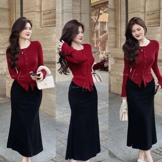Đầm Body Nữ Mix Chân Váy Dài Suông, Váy Nữ Cổ Tròn Tay Dài Ôm Body Sang Trọng Thanh Lịch Cao Cấp YUMMY D104